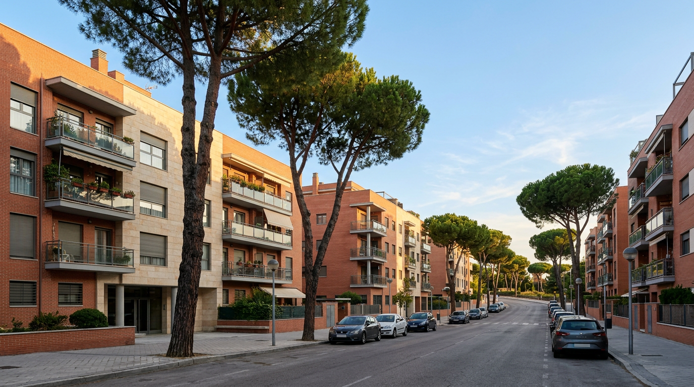 Calle residencial con pinos en el barrio de Pinar del Rey, Madrid